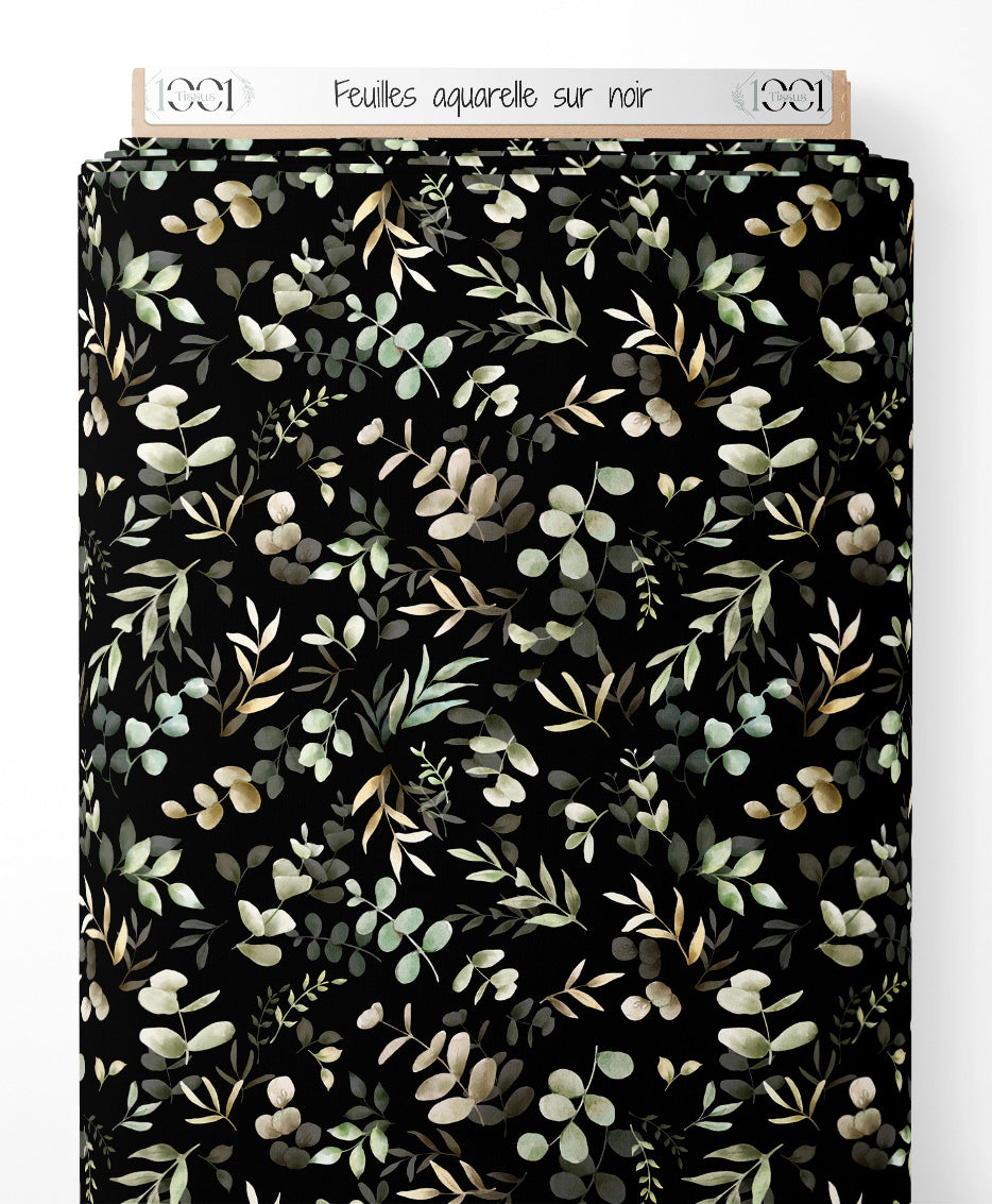 Tissu - Feuilles aquarelle sur noir