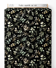 Tissu - Feuilles aquarelle sur noir