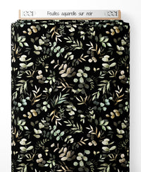 Tissu - Feuilles aquarelle sur noir