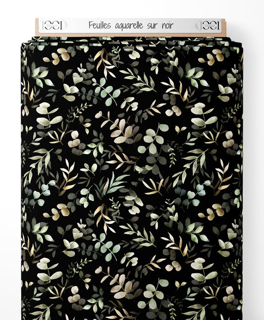 Tissu - Feuilles aquarelle sur noir