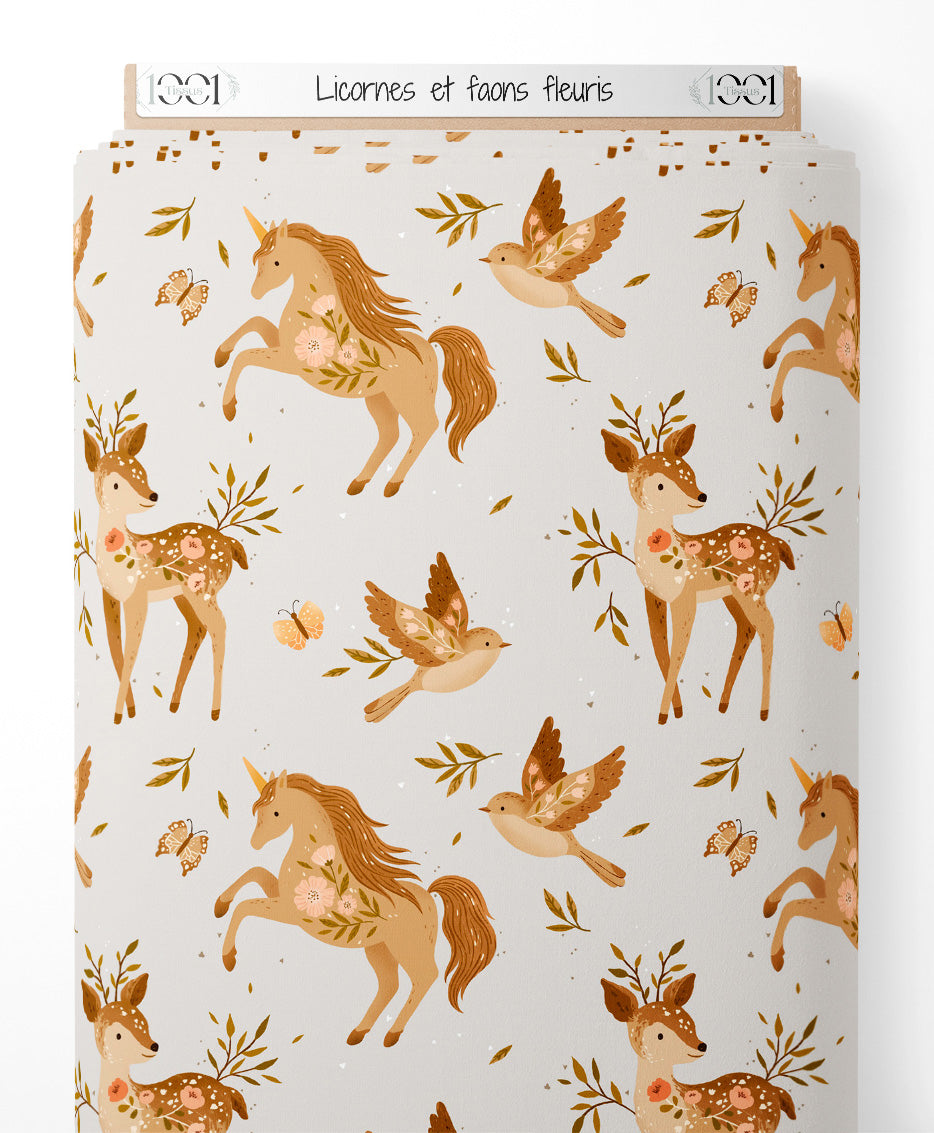 Tissu - Licornes et faons fleuris