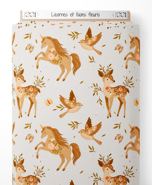 Tissu - Licornes et faons fleuris