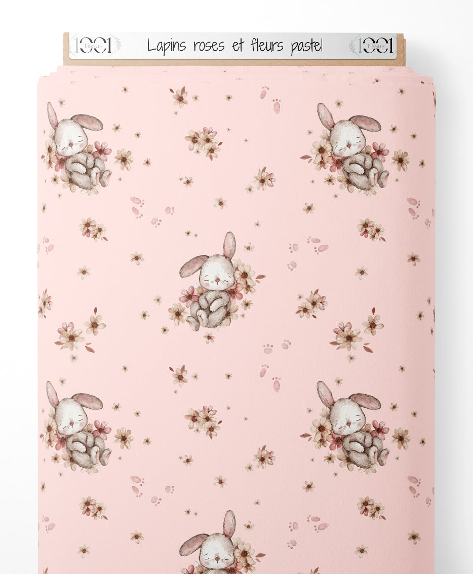 Tissu - Lapins roses et fleurs pastel