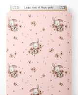Tissu - Lapins roses et fleurs pastel