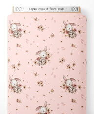 Tissu - Lapins roses et fleurs pastel