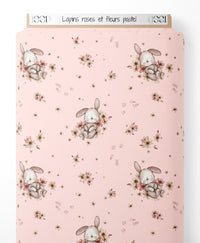 Tissu - Lapins roses et fleurs pastel