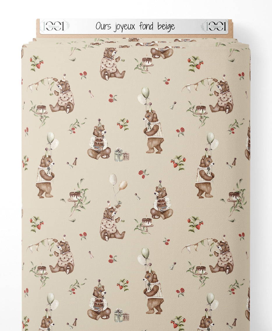 Tissu - Ours joyeux sur fond beige