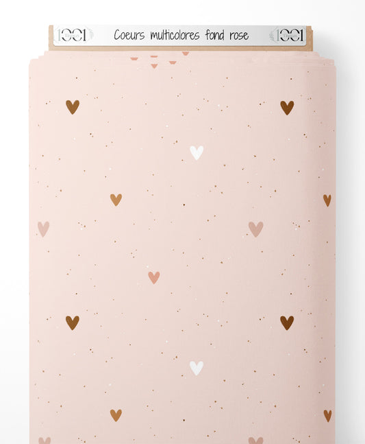 Tissu - Cœurs multicolores sur fond rose