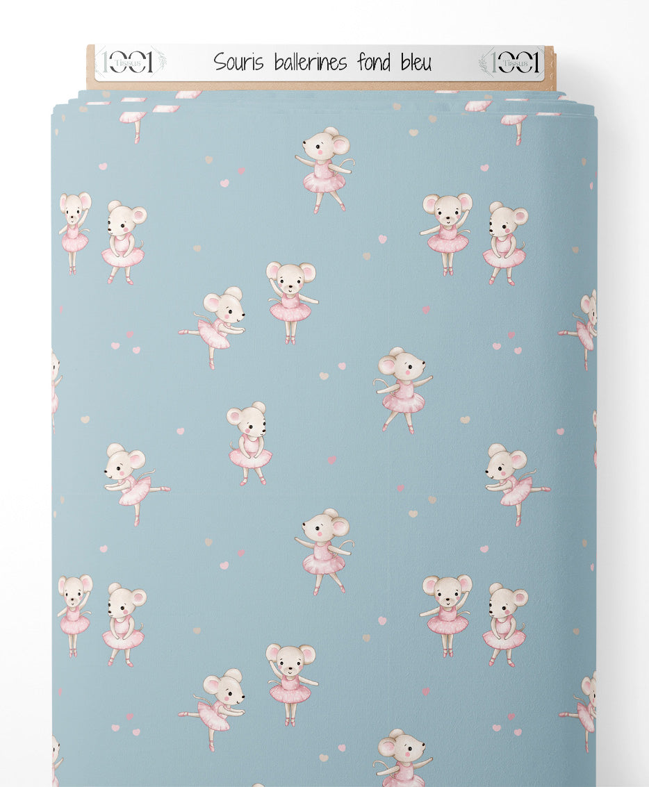 Tissu - Souris ballerines fond bleu