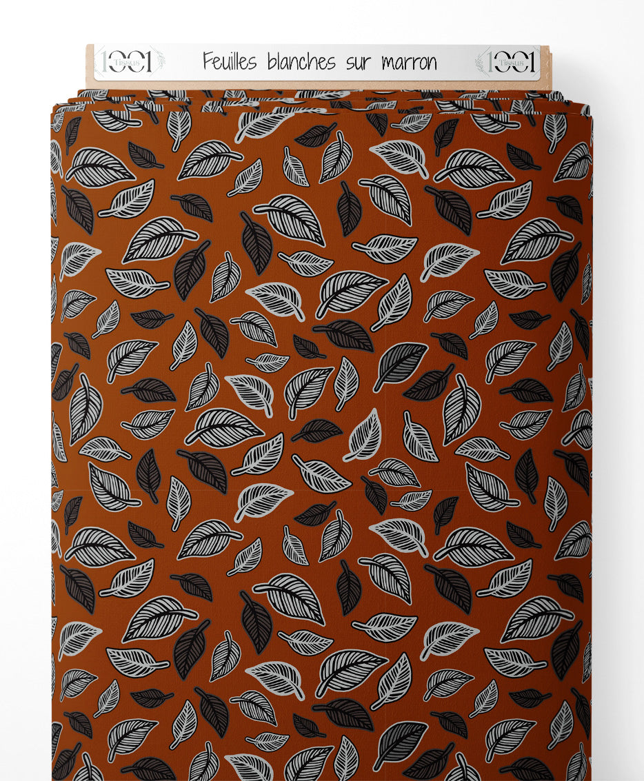 Tissu - Feuilles blanches sur marron