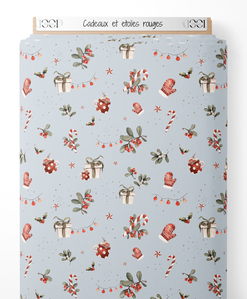 Tissu - Cadeaux et étoiles rouges