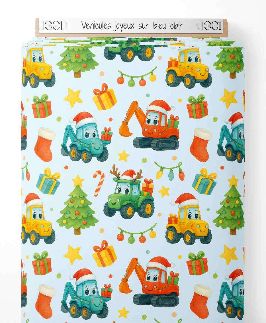 Tissu - Véhicules joyeux sur bleu clair