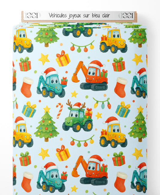 Tissu - Véhicules joyeux sur bleu clair