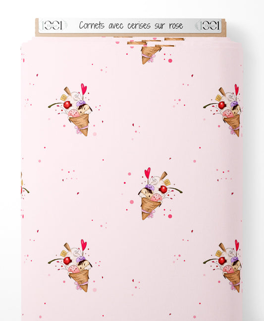 Tissu - Cornets avec cerises sur rose