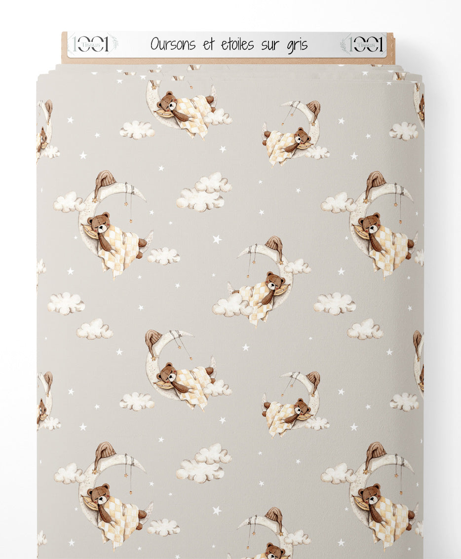 Tissu - Oursons et étoiles sur gris