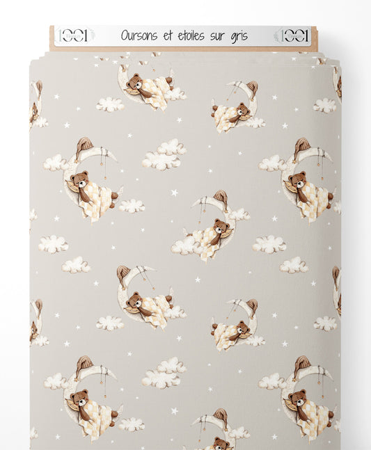 Tissu - Oursons et étoiles sur gris