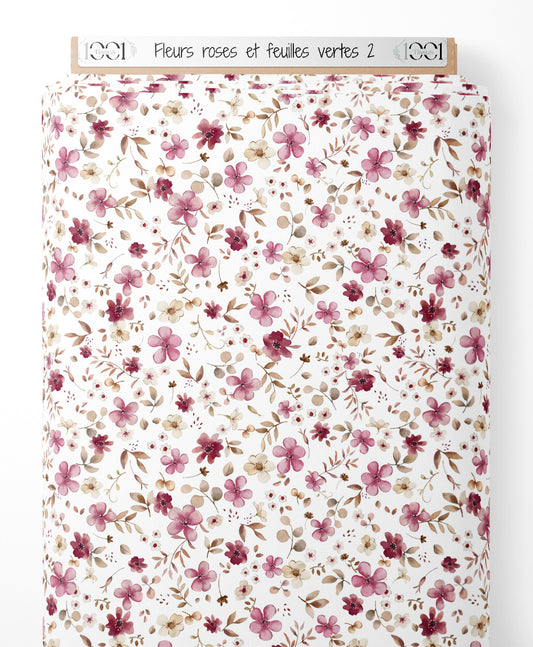 Tissu - Fleurs roses et feuilles vertes 2