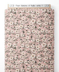 Tissu - Fleurs blanches et feuilles vertes 5