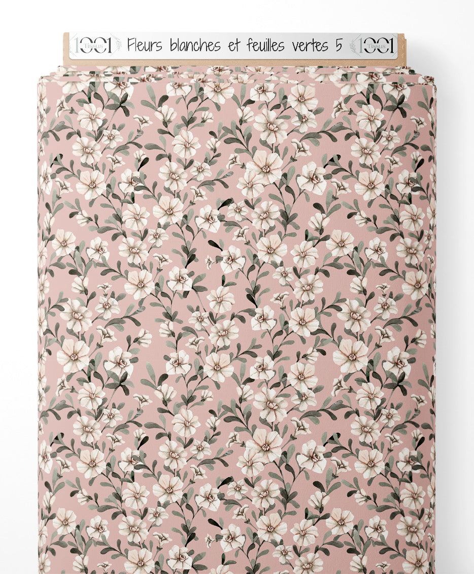 Tissu - Fleurs blanches et feuilles vertes 5