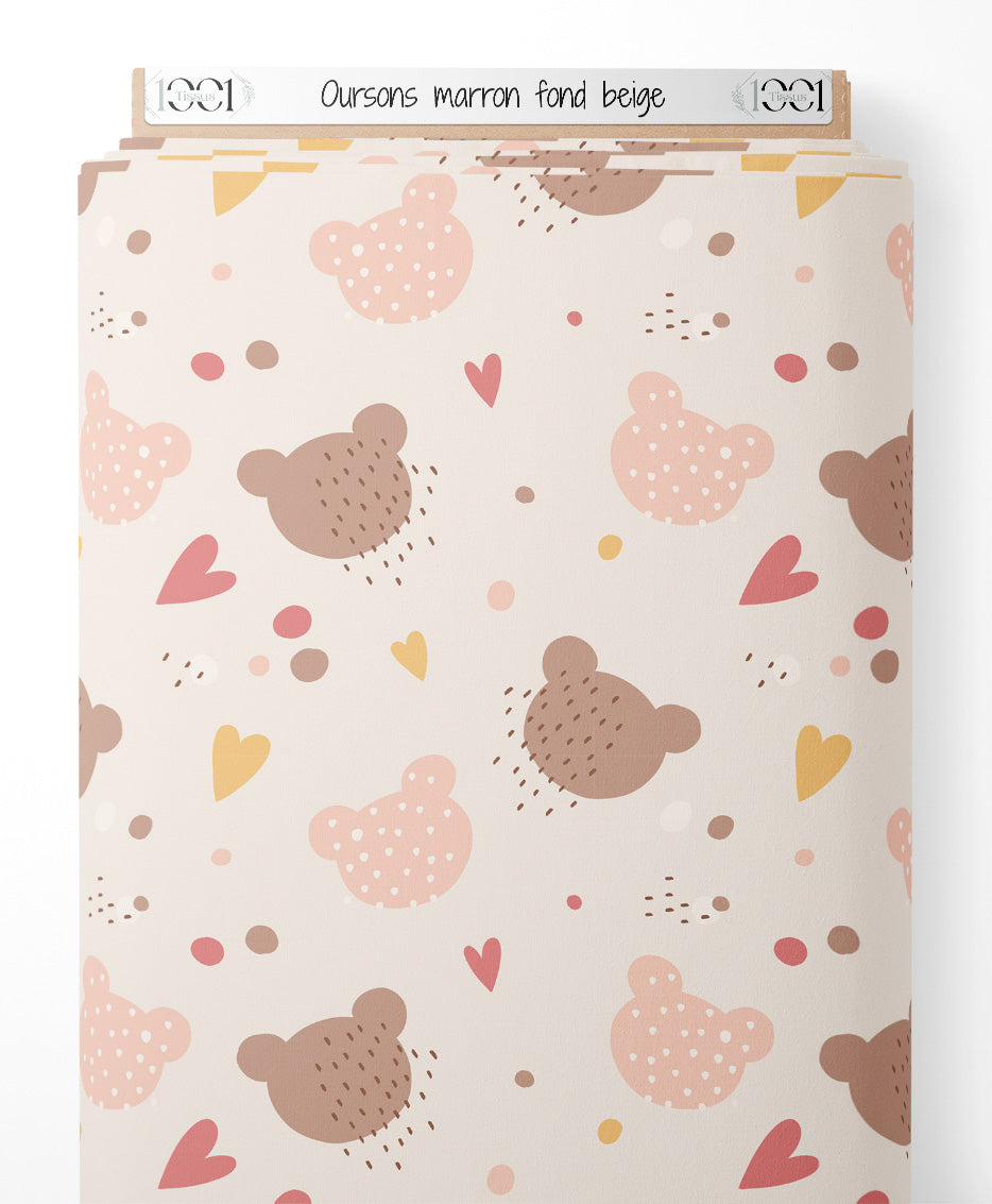Tissu - Oursons marron sur fond beige