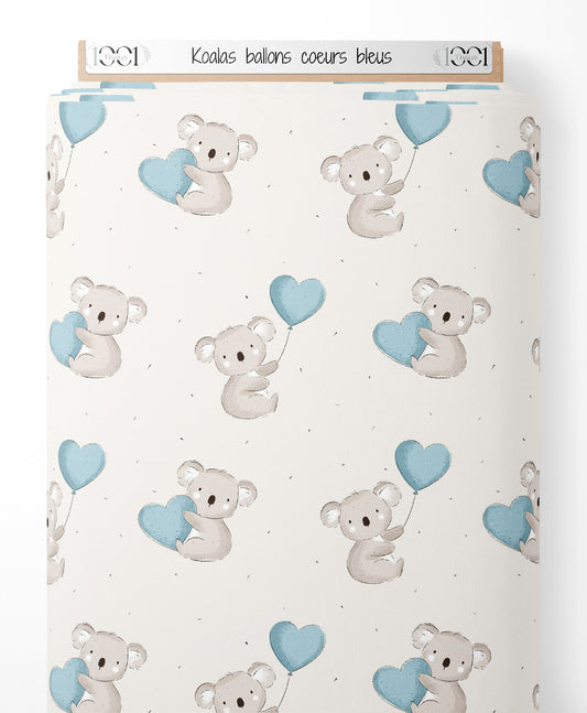 Tissu - Koalas ballons cœurs bleus