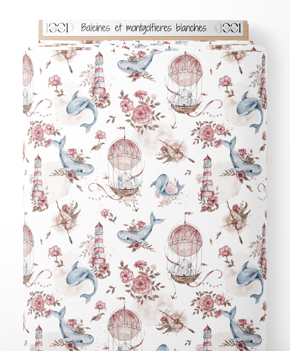 Tissu - Baleines et montgolfières blanches