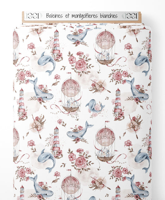 Tissu - Baleines et montgolfières blanches