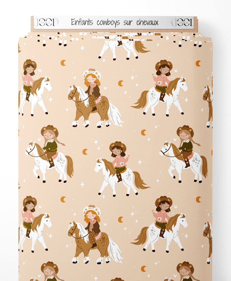 Tissu - Enfants cowboys sur chevaux
