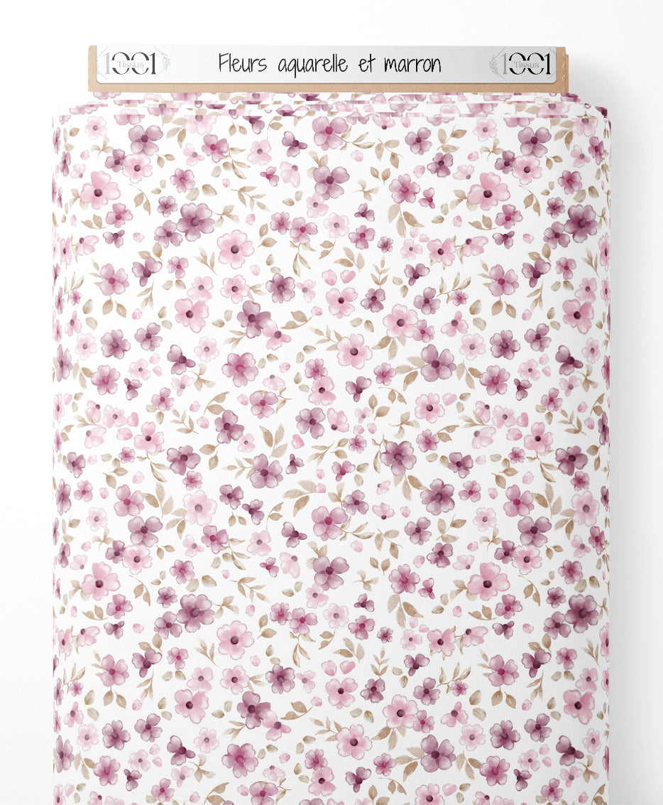 Tissu - Fleurs aquarelle et marron