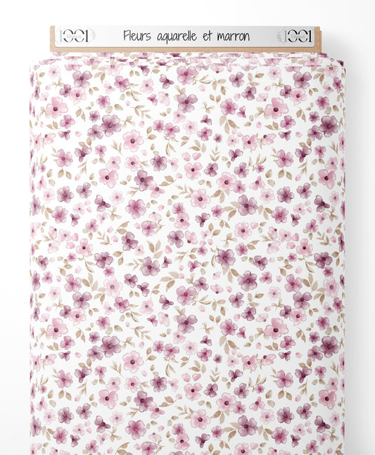 Tissu - Fleurs aquarelle et marron