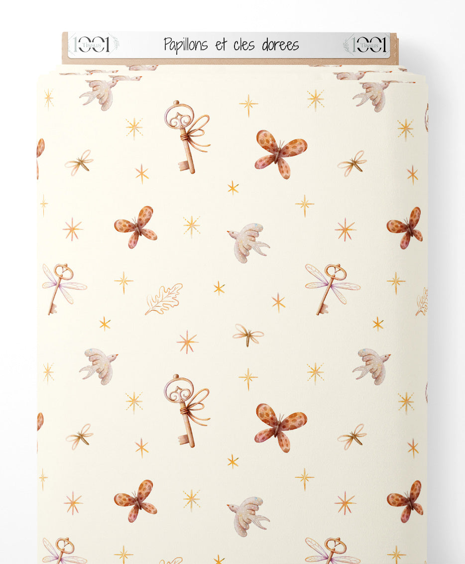 Tissu - Papillons et clés dorées
