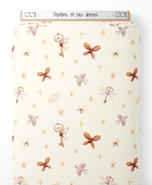 Tissu - Papillons et clés dorées