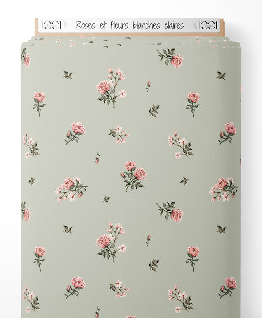 Tissu - Roses et fleurs blanches claires