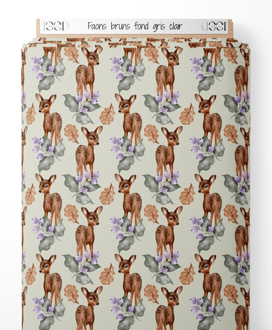 Tissu - Faons bruns sur fond gris clair