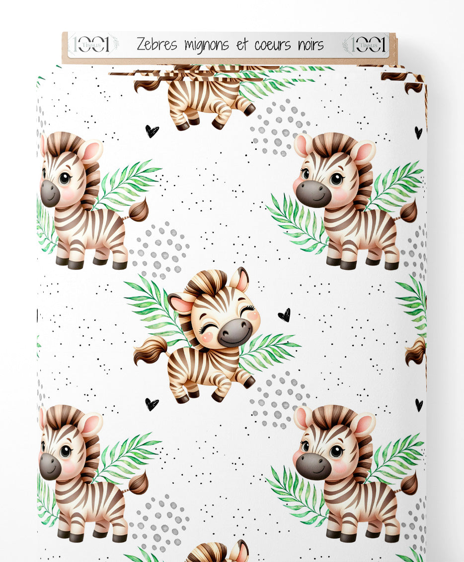 Tissu - Zèbres mignons et cœurs noirs