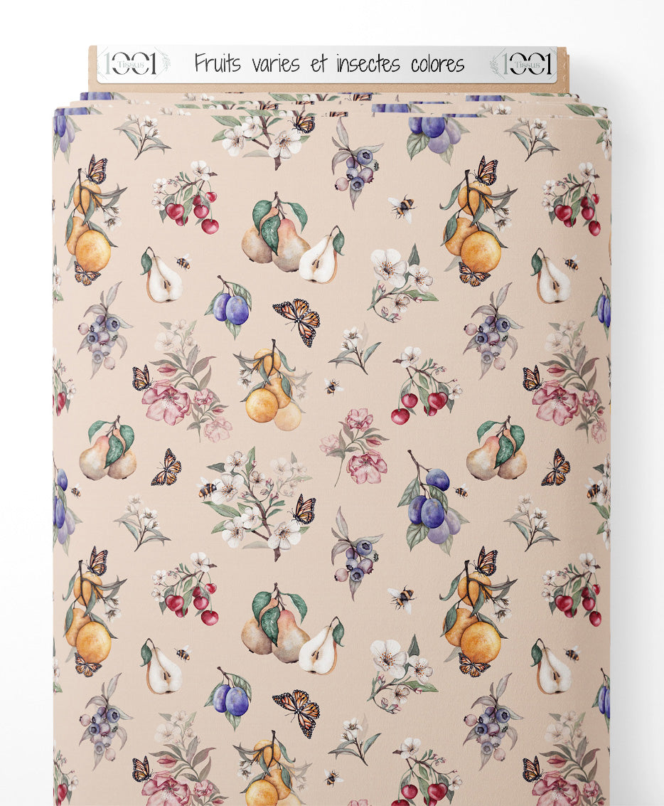 Tissu - Fruits variés et insectes colorés