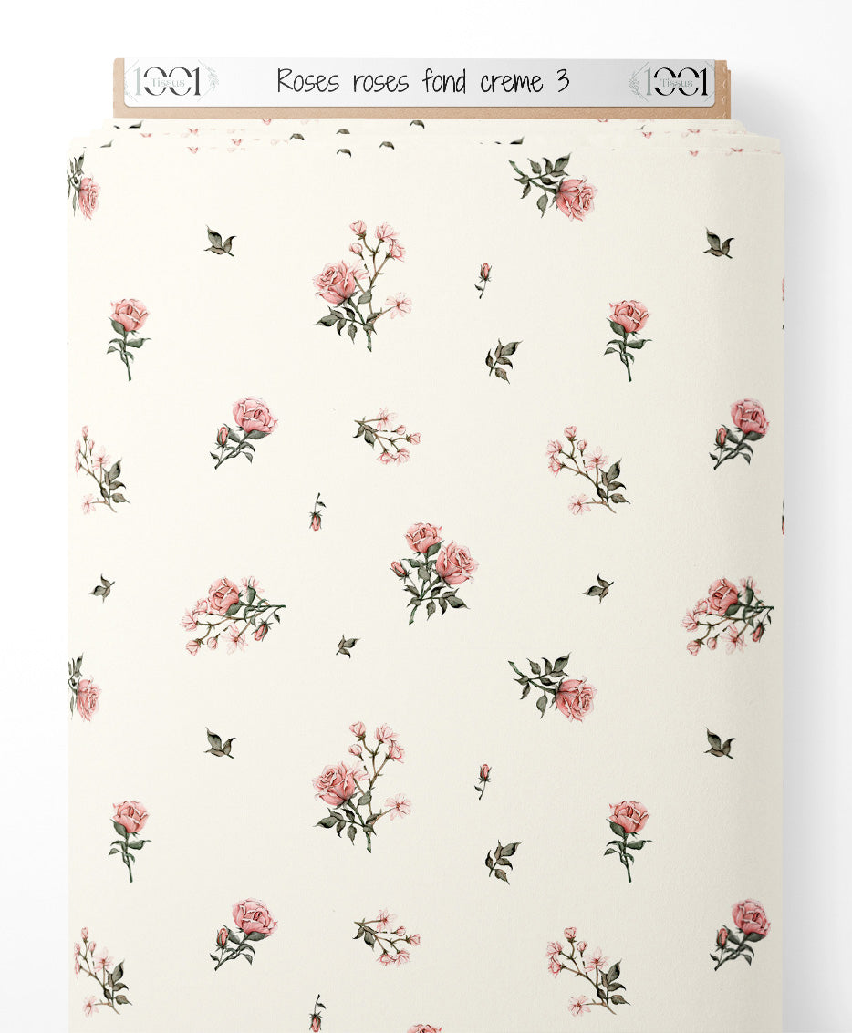 Tissu - Roses roses sur fond crème 3