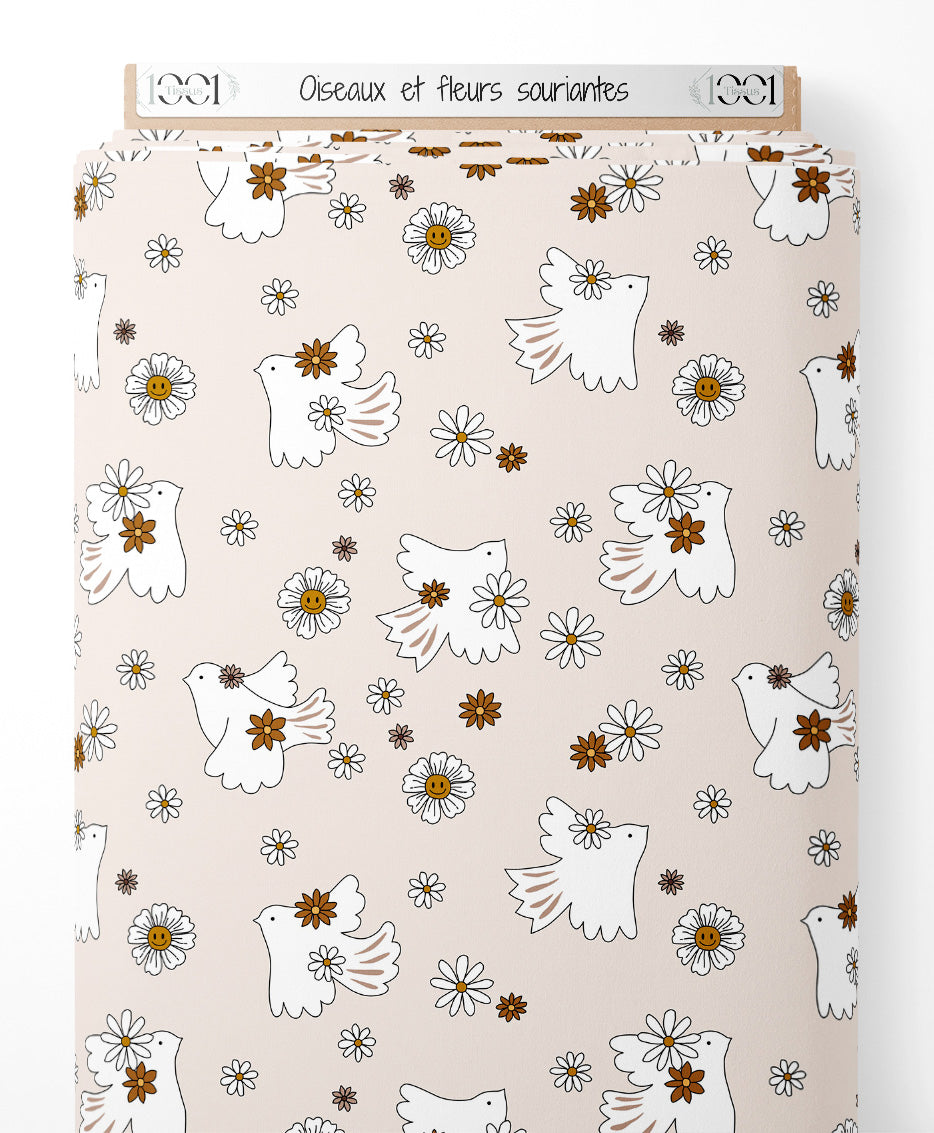 Tissu - Oiseaux et fleurs souriantes