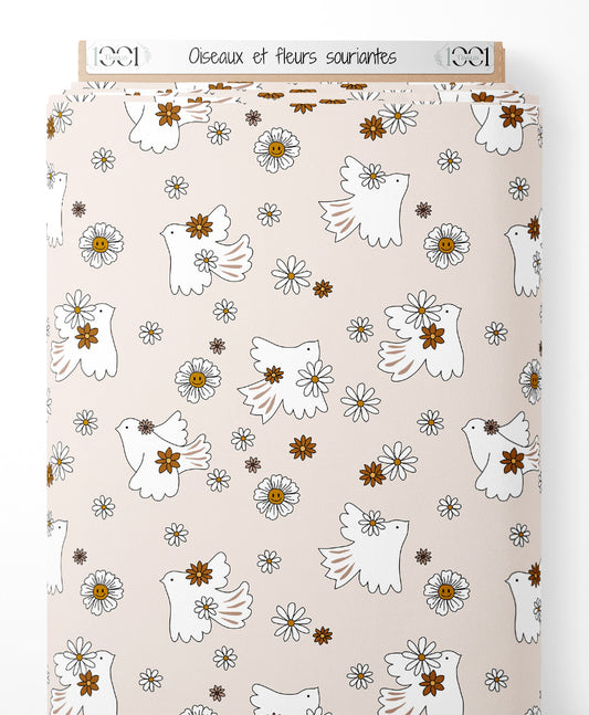 Tissu - Oiseaux et fleurs souriantes