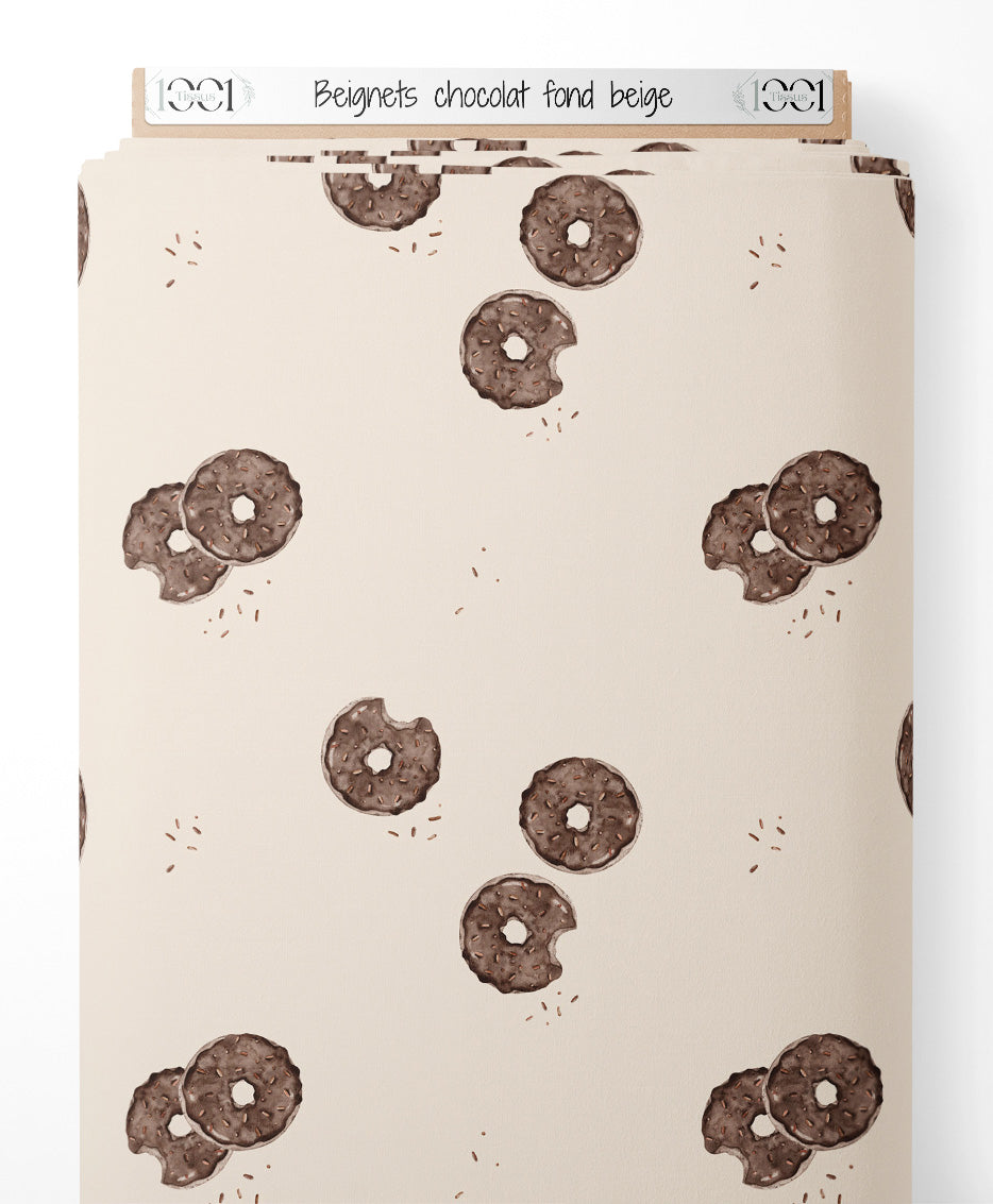 Tissu - Beignets chocolat fond beige