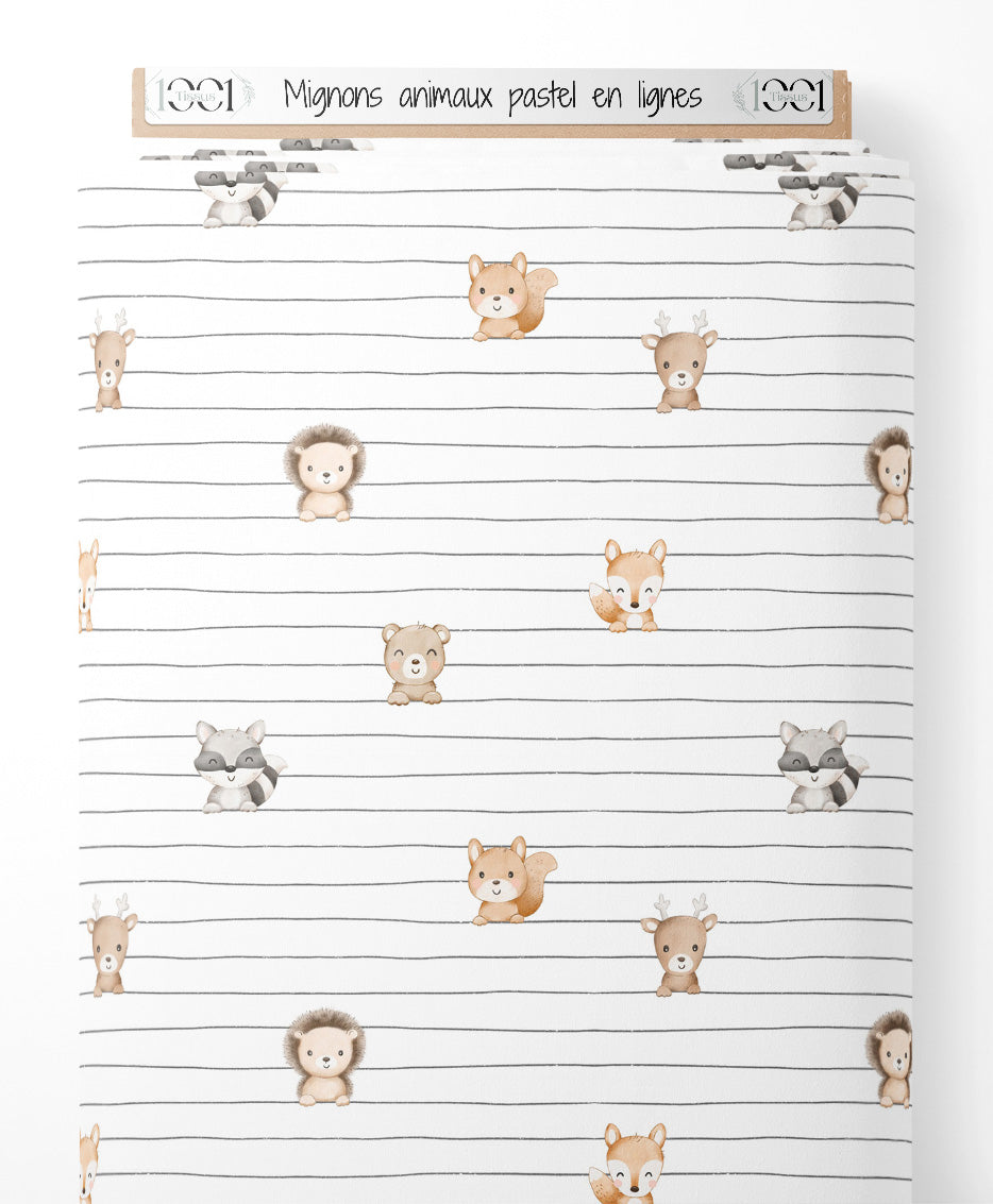 Tissu - Mignons animaux pastel en lignes