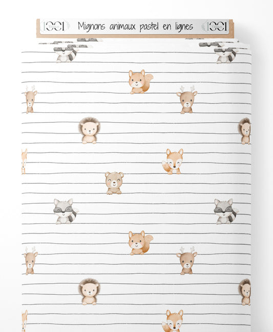 Tissu - Mignons animaux pastel en lignes