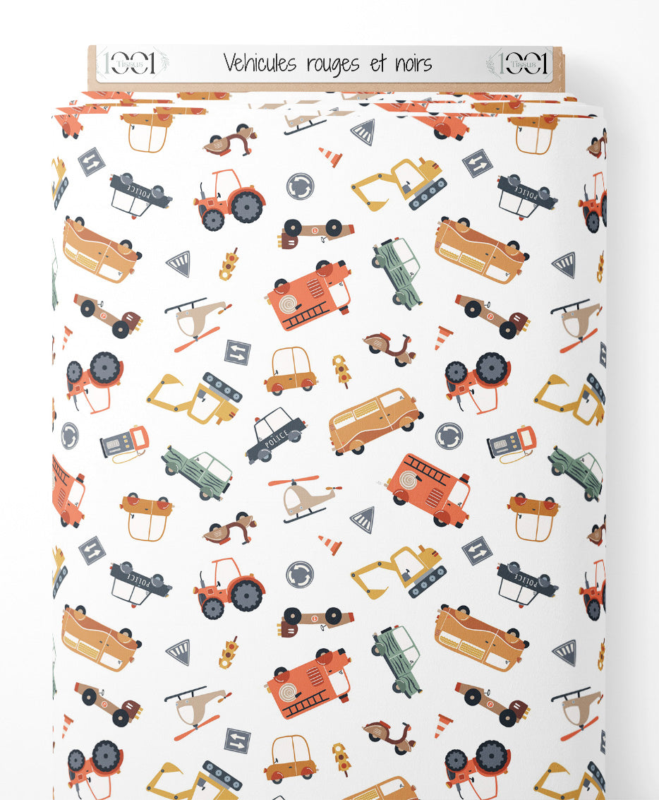 Tissu - Véhicules rouges et noirs