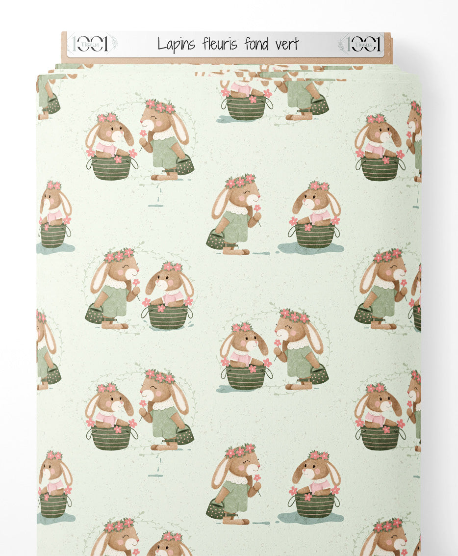 Tissu - Lapins fleuris sur fond vert