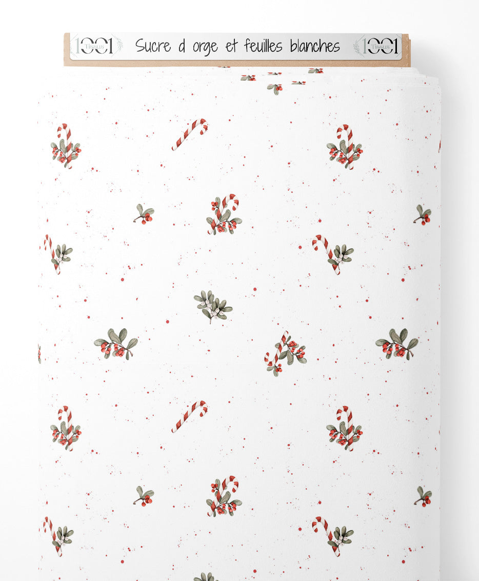 Tissu - Sucre d'orge et feuilles blanches