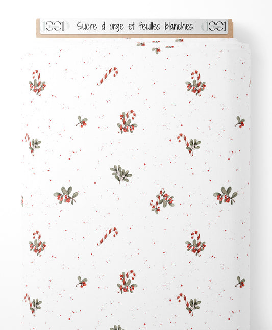 Tissu - Sucre d'orge et feuilles blanches