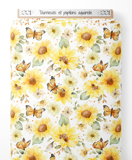 Tissu - Tournesols et papillons aquarelle