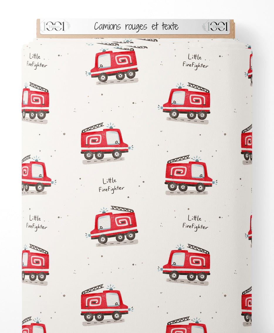 Tissu - Camions rouges et texte