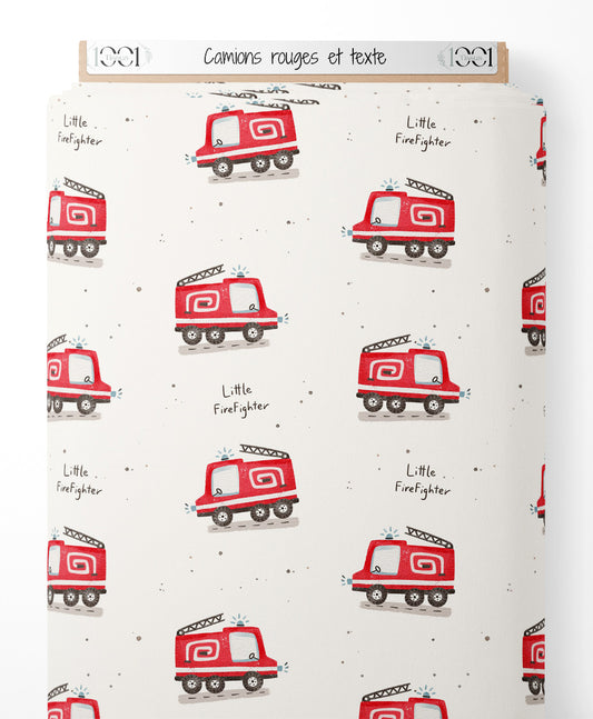 Tissu - Camions rouges et texte