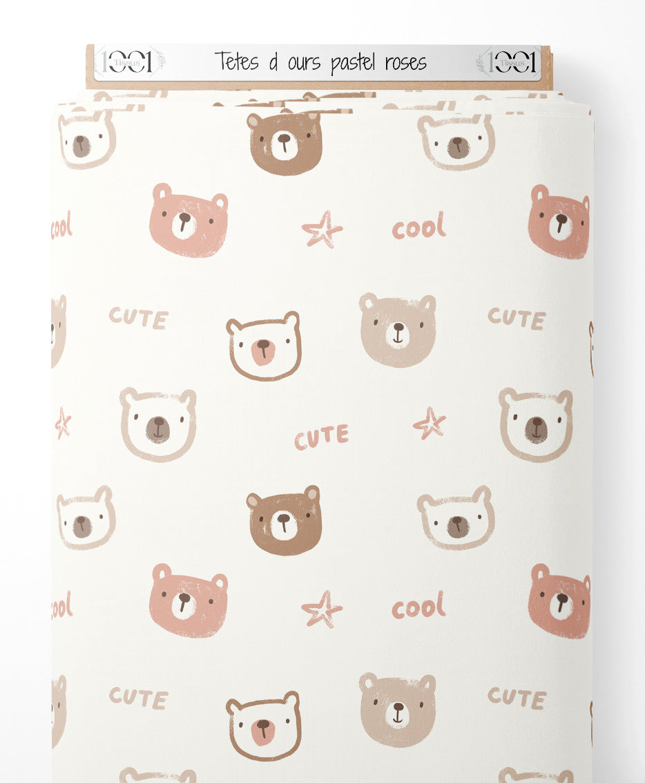 Tissu - Têtes d'ours pastel roses